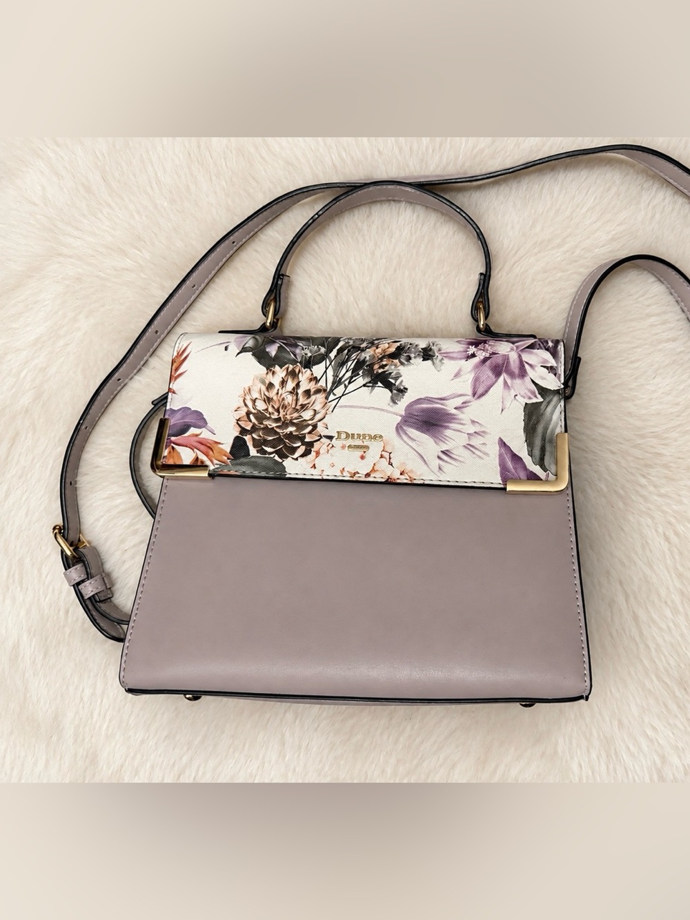 DUNE London Floral Satchel Bag Lavender Purple Gold Top Handle Crossbody Purse